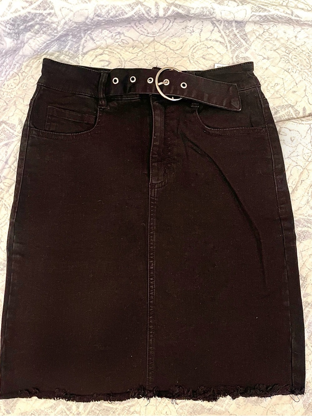 Dynamite Black High-Waist Denim Skirt with Ring Detail
